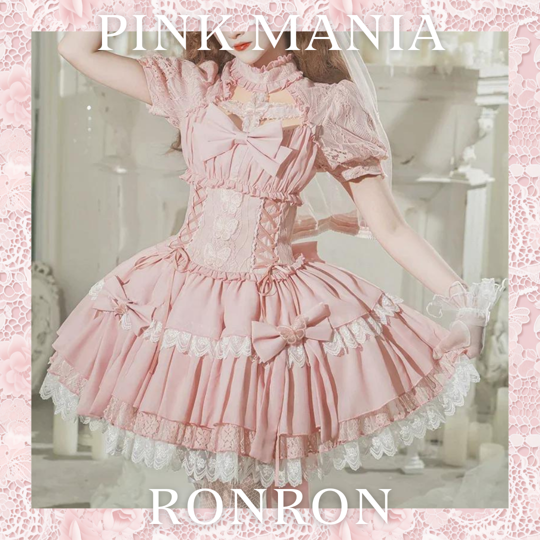 Baby Pink クロスリボンのコルセット風半袖ワンピース – ロリータ Baby Pink クロスリボンのコルセット風半袖ワンピース – ロリータ