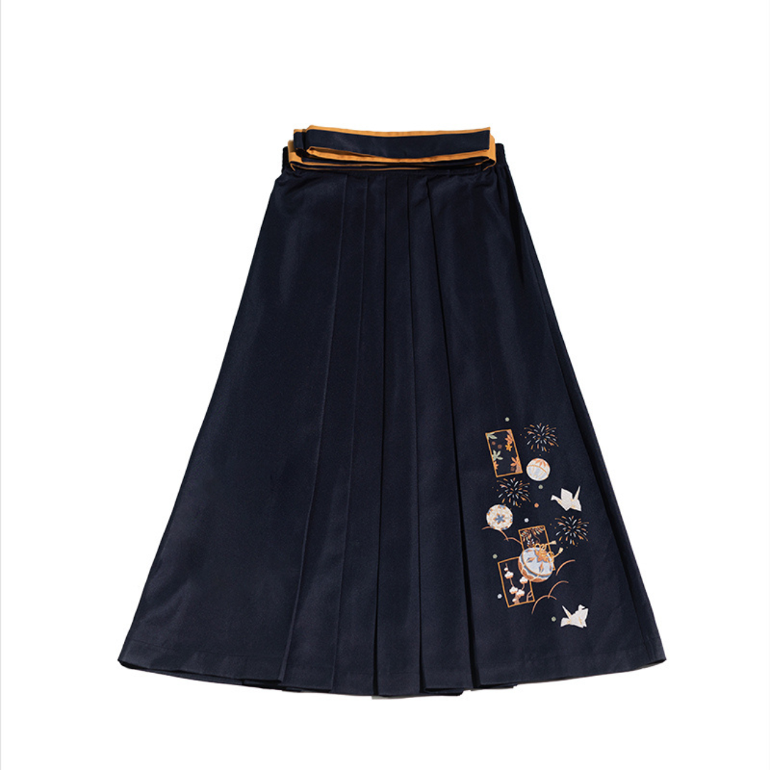 椿の花刺繍と蝶の袴風スカート