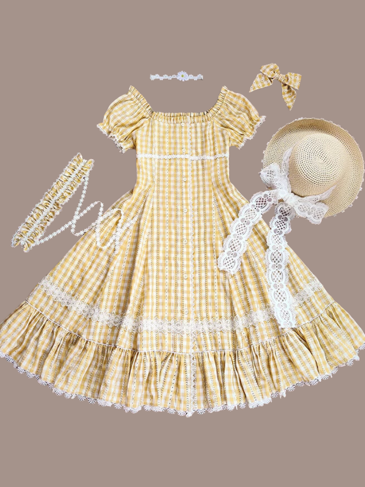 Day's eye Gingham check retro short sleeve dress, 3 colors