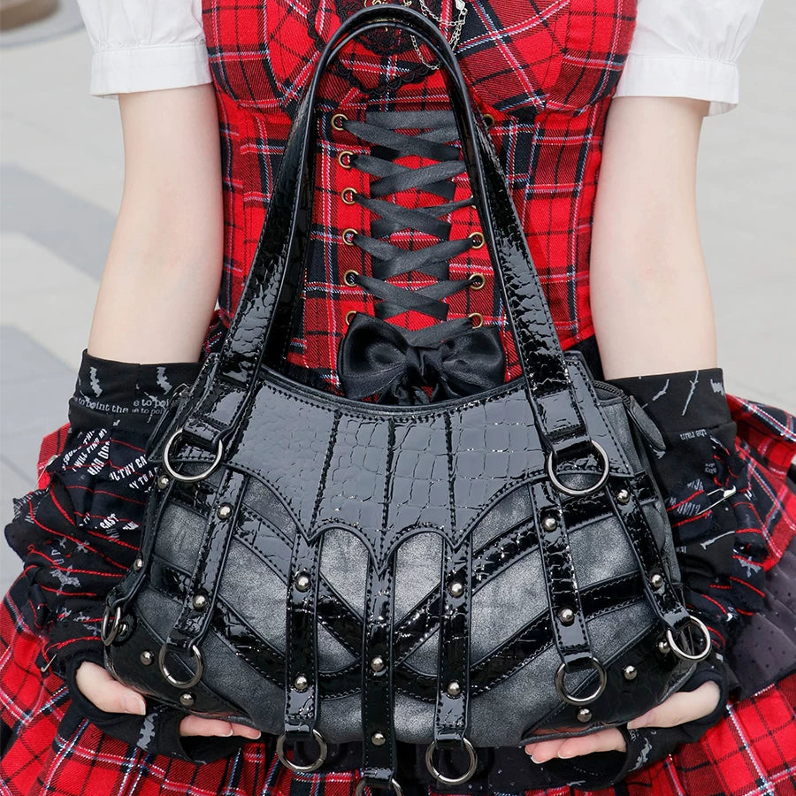 スタッズ×蛇柄切り替え ゴシックパンクバッグ – ロリータファッション