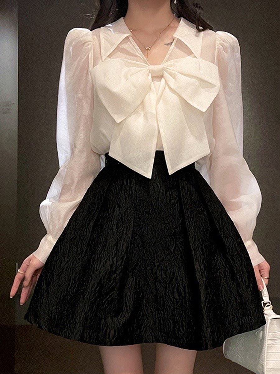 リボンブラウス ローズ柄スカート セットアップ