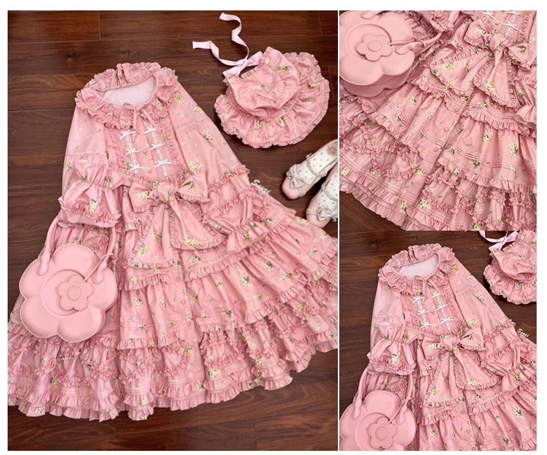 Fragments of Flowers 長袖ティアードワンピース・ピンク