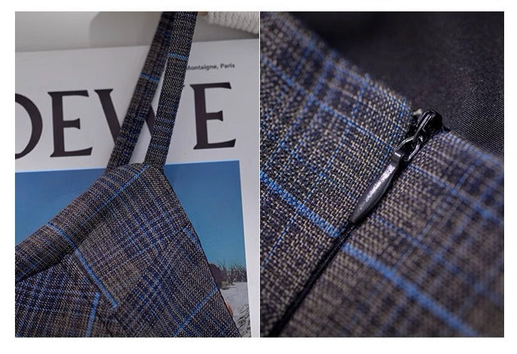 グレーのチェック柄ストラップジャンパースカート