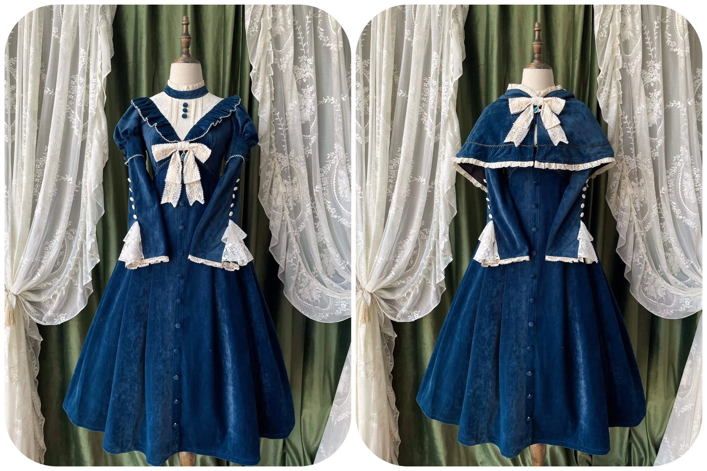 翠雀 スタンドカラーのベルベットワンピースとマント