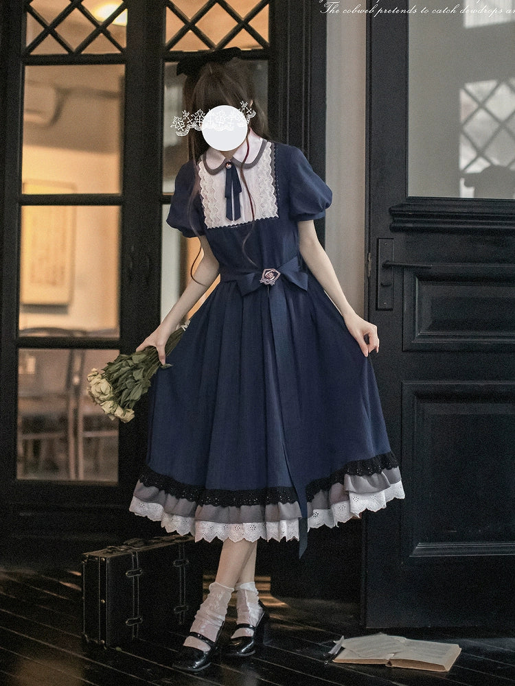 予約販売】Phyllis ネイビーチェックのエレガントレトロ半袖 予約販売】Phyllis ネイビーチェックのエレガントレトロ半袖