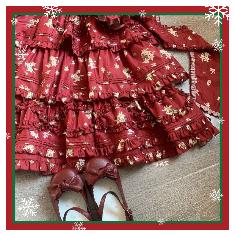 Fragments of Flowers Long Sleeve Tiered Dress - Red