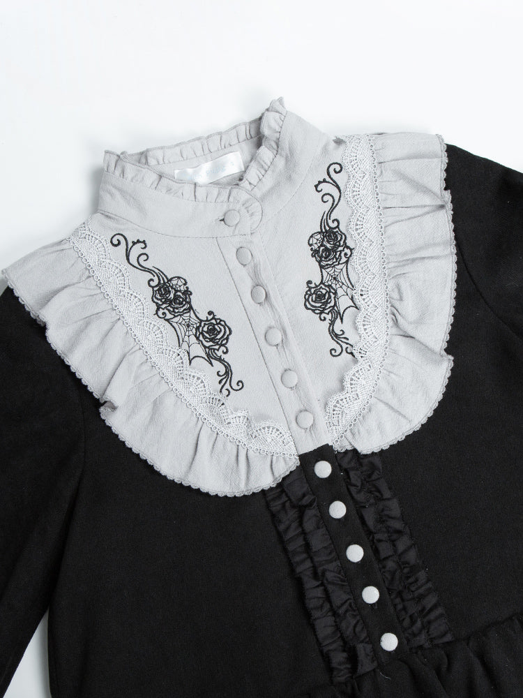 Monochrome Night 薔薇刺繍ブラックワンピースとエプロン