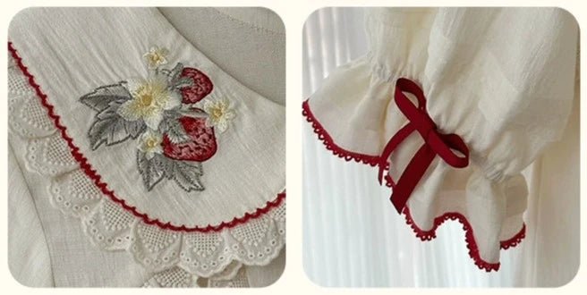 Strawberry Orchard 苺の刺繍長袖ブラウス