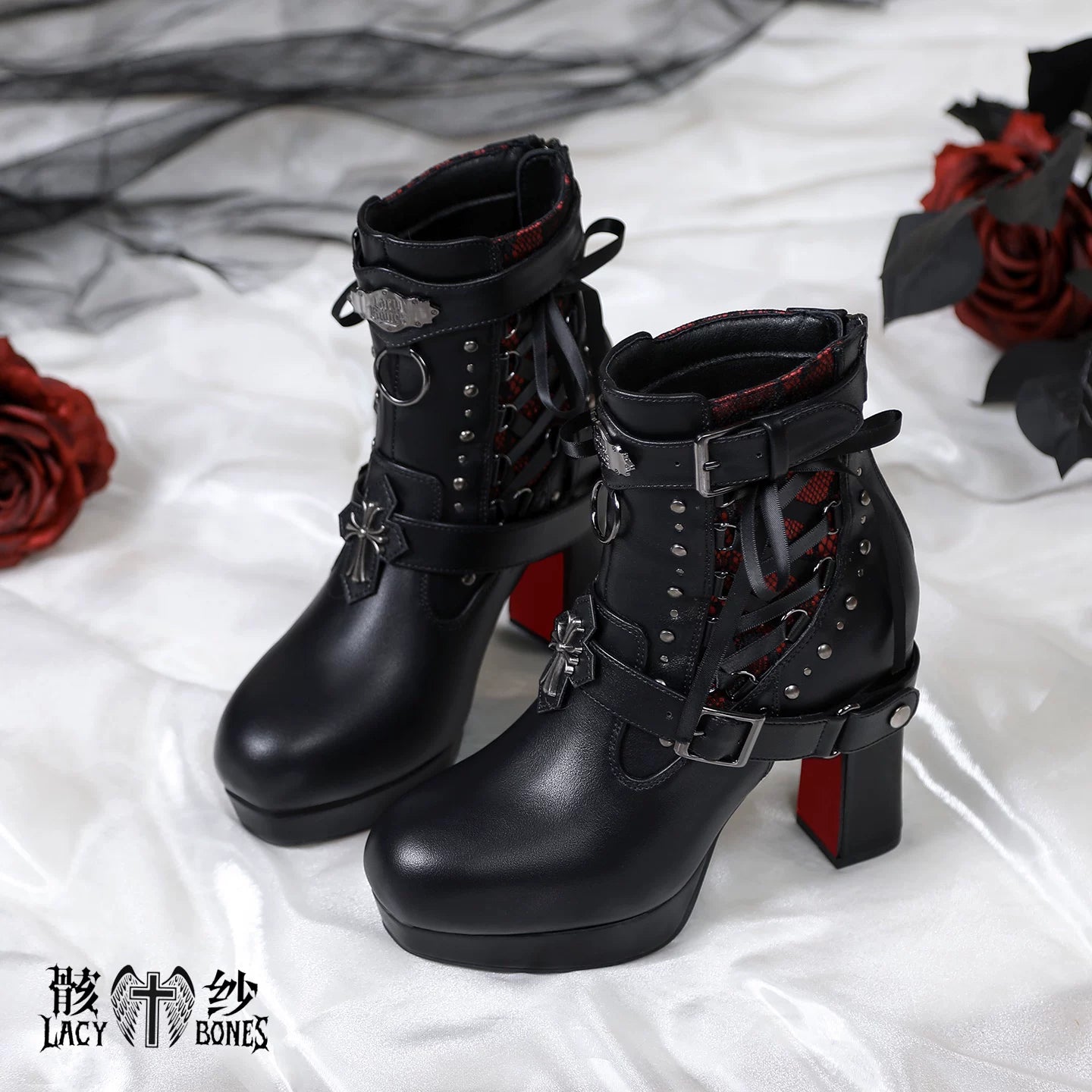 暗黒の詩】レッドソール×黒紗のゴシックハイヒールブーツ – ロリータ