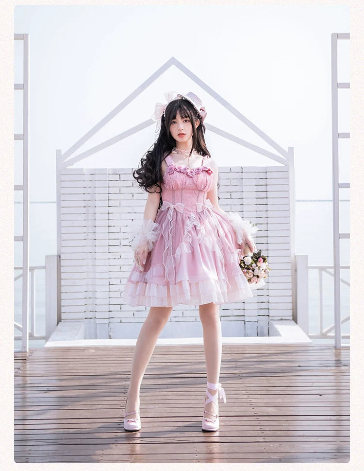 Secret Love ピンクローズのバレエ風ジャンパースカート – ロリータファッション通販RonRon