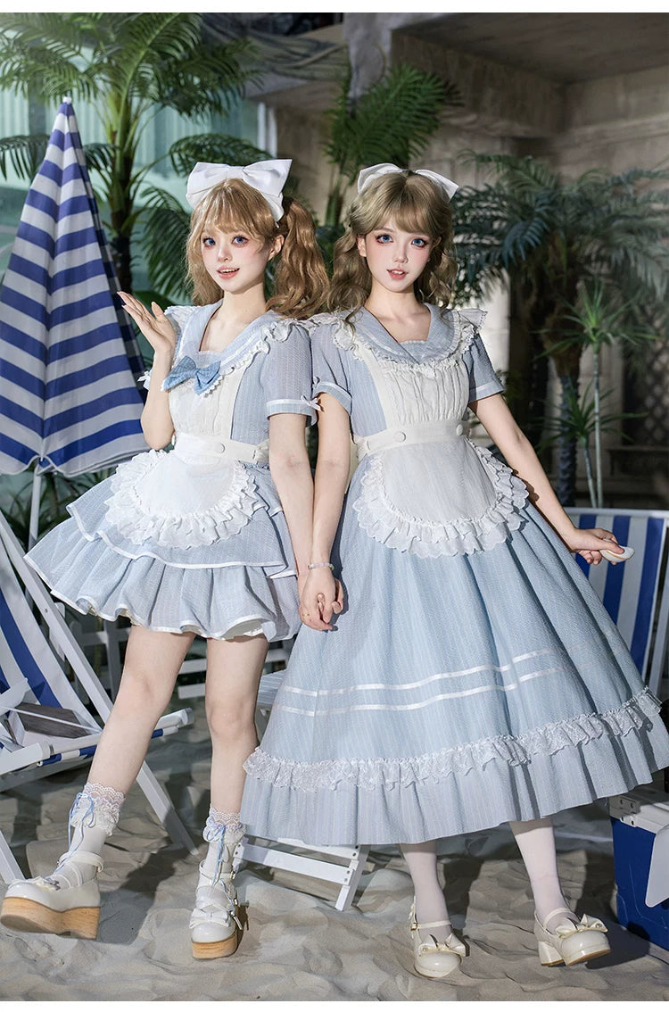 vintage レース エプロン フリル リボン 水色　ヴィンテージ　USA古着 予約販売】Seven Day Bell マリン風ロング丈ワンピースとエプロン