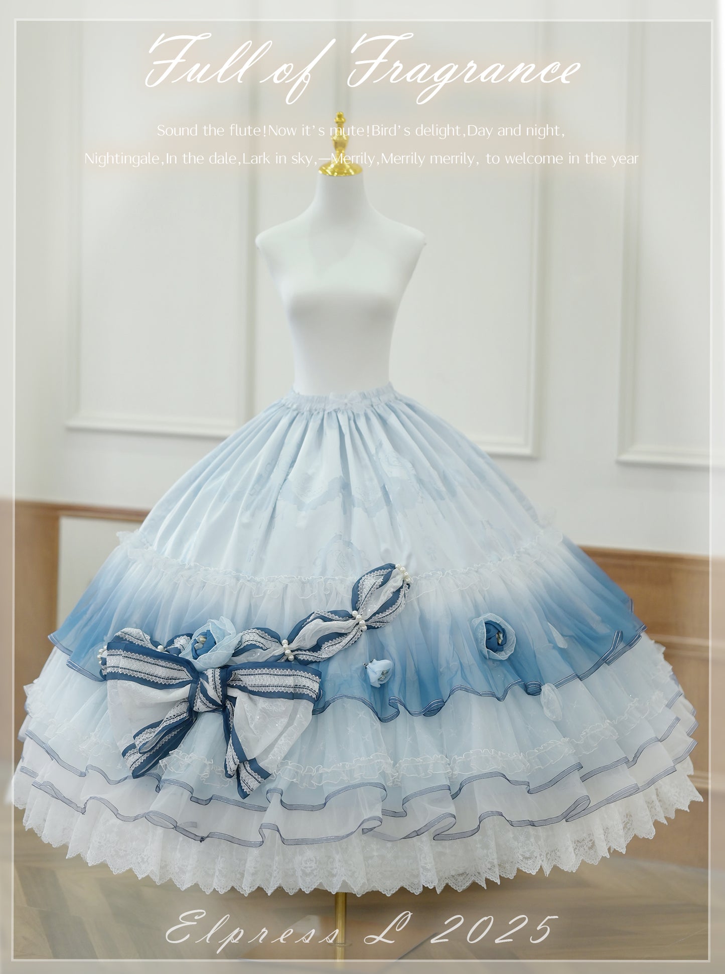 【受注予約2/26まで】Full of Fragrance トレーン付きドレスとインナースカート・ブルー
