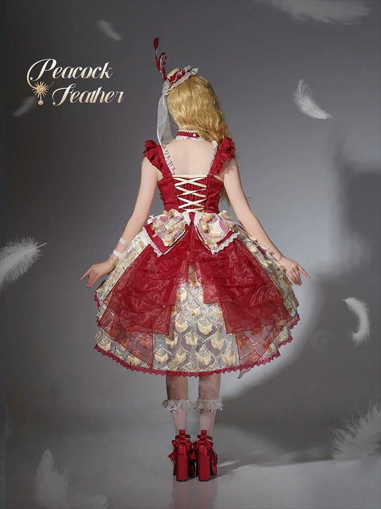 【受注予約6/18まで】Peacock Feather ミニドレス・レッド