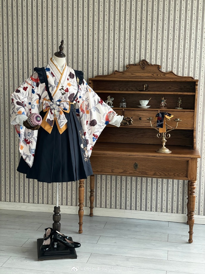 Temari embroidered hakama-style suspender skirt