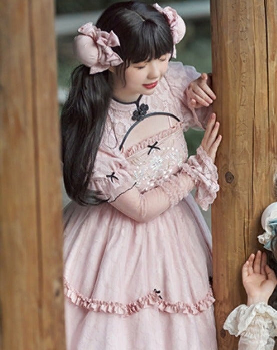 華ロリ レースと刺繍のマオカラーワンピース