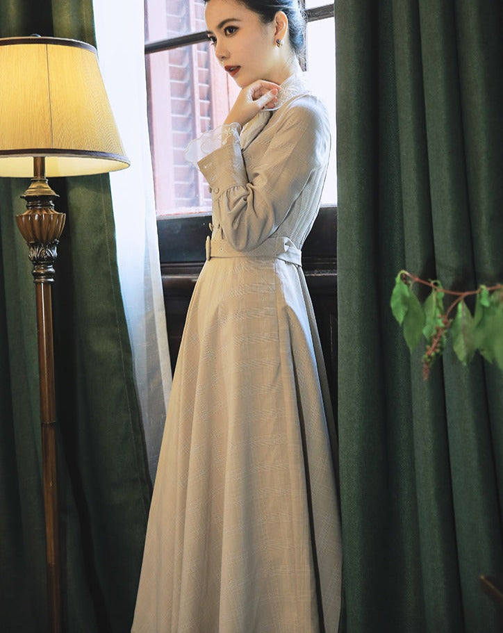 レトロフレンチ 刺繍レース襟のチェックワンピース