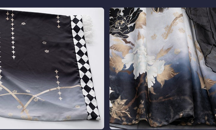 和ロリ 花模様のブラックジャンパースカートとトップス ヘッドドレス付き