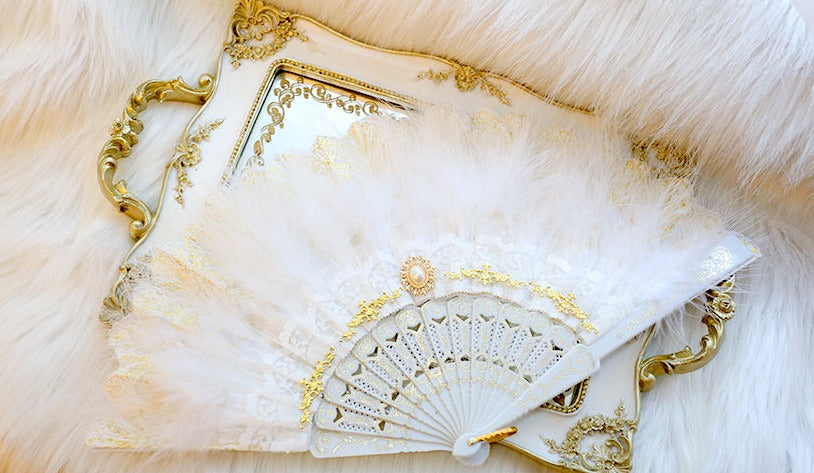 Gothic Lolita Feather and Pearl Elegant Folding Fan in 2 colors