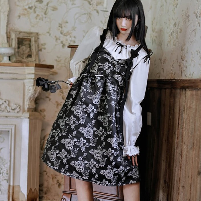 [Pre-order] Alice Style Black Rose Jacquard Jumper Skirt Black Ribbon Girly