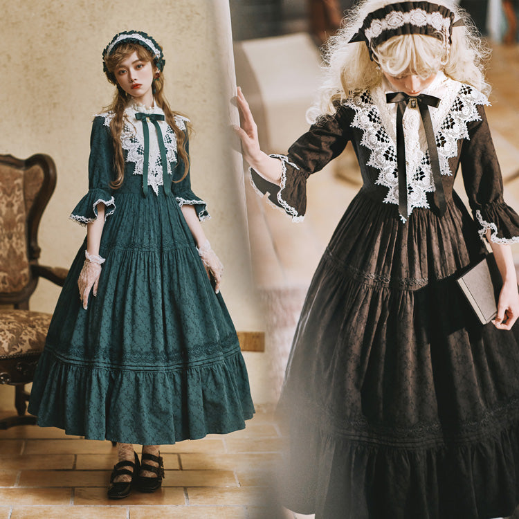 Classical cotton-jacquard lace stand-collar dress – ロリータ