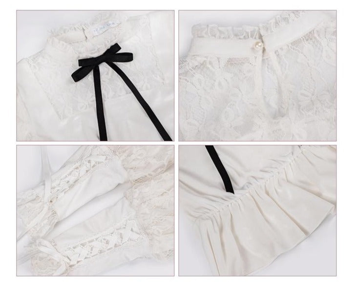 レース刺繍の長袖パフスリーブ トップス