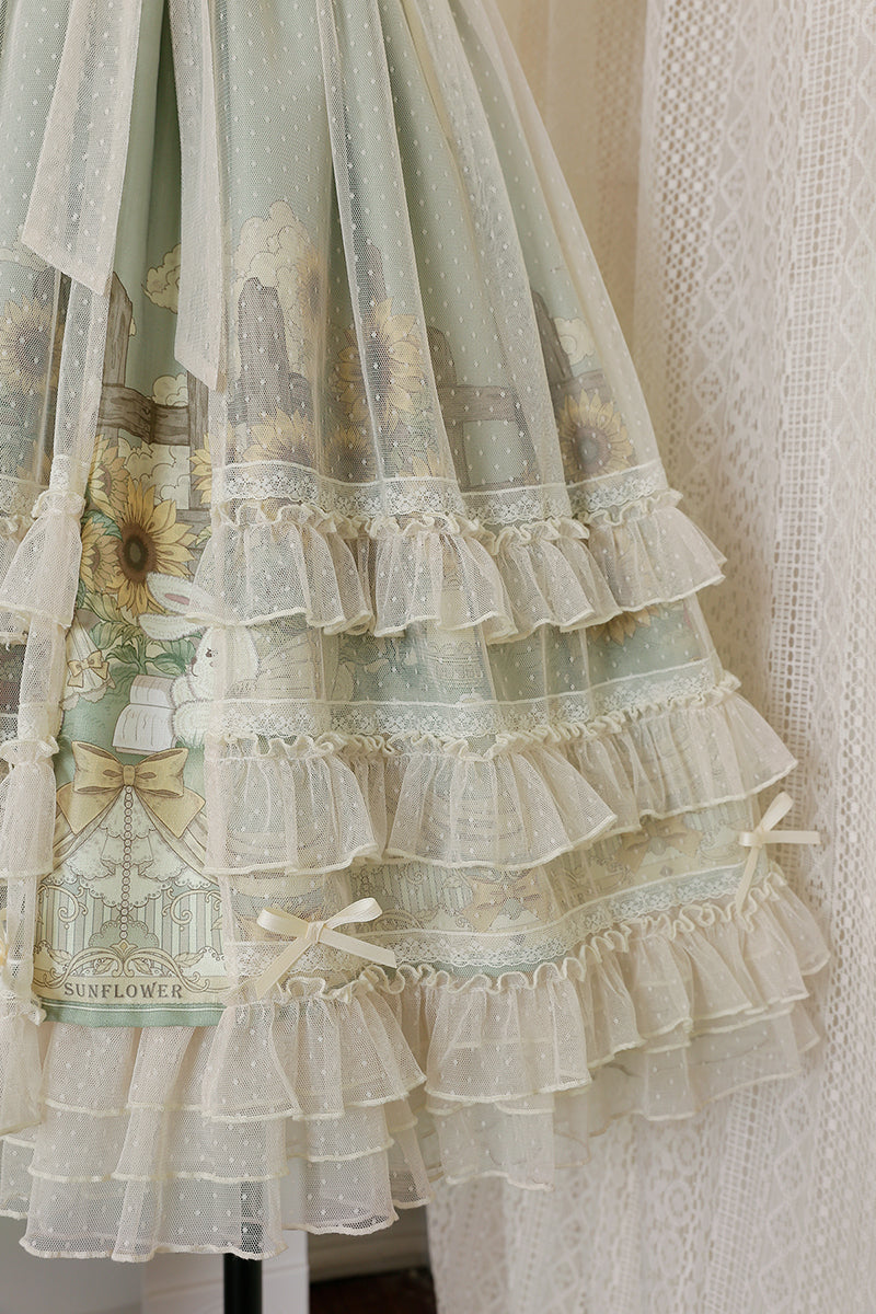 ふんわりベールとひまわり模様レーススカートのジャンパースカート