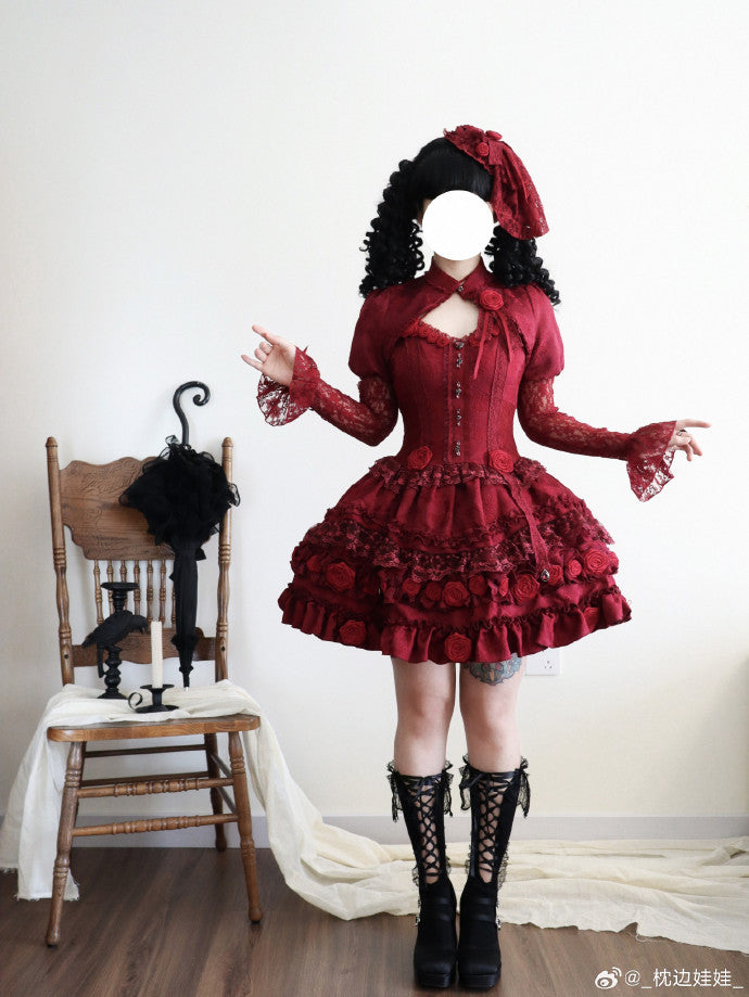 [Pre-orders available until 1/8] Rose Knight II Jacquard Lace Jumper Skirt and Bolero - Red