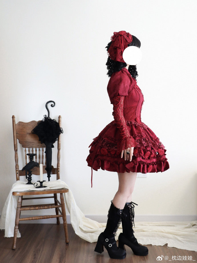 [Pre-orders available until 1/8] Rose Knight II Jacquard Lace Jumper Skirt and Bolero - Red