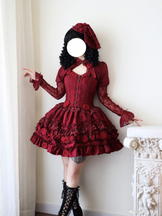 [Pre-orders available until 1/8] Rose Knight II Jacquard Lace Jumper Skirt and Bolero - Red