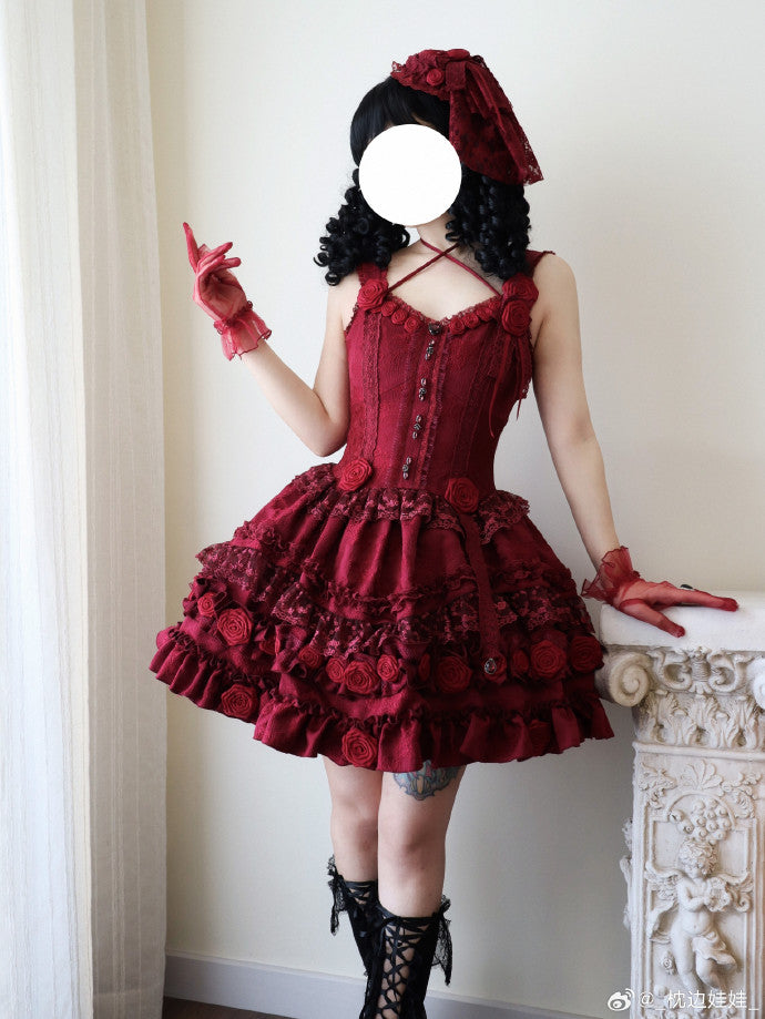 [Pre-orders available until 1/8] Rose Knight II Jacquard Lace Jumper Skirt and Bolero - Red