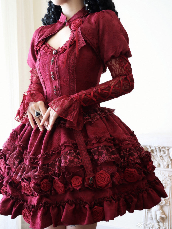 [Pre-orders available until 1/8] Rose Knight II Jacquard Lace Jumper Skirt and Bolero - Red