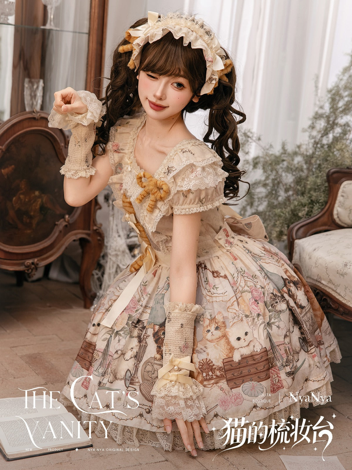 受注予約7/7まで】The Cat's Vanity 猫柄スクエアネックワンピース