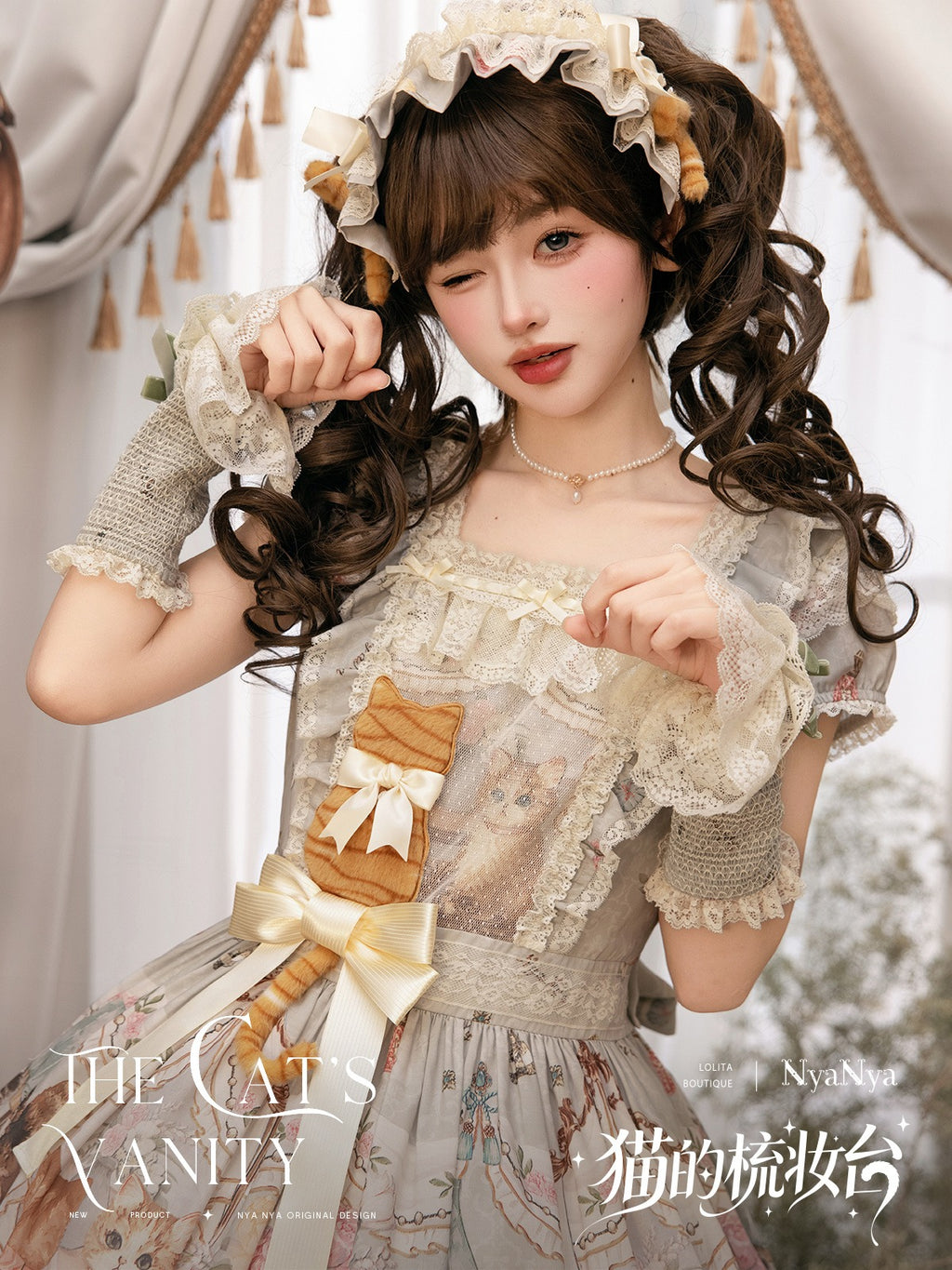 【受注予約7/7まで】The Cat's Vanity 猫柄スクエアネックワンピース・ショート丈