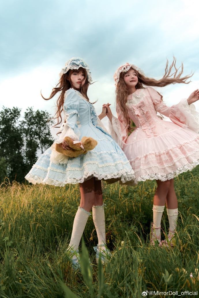 【受注予約12/8まで】Alice in the Mirror レースとリボンのドレス・パステルブルー