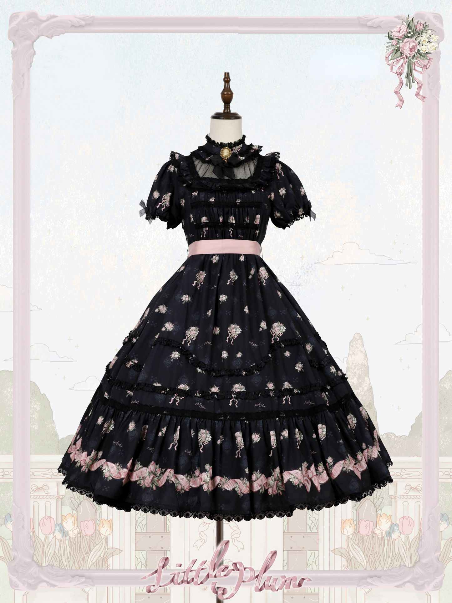 Roses Bouquet Stand Collar Frill Dress