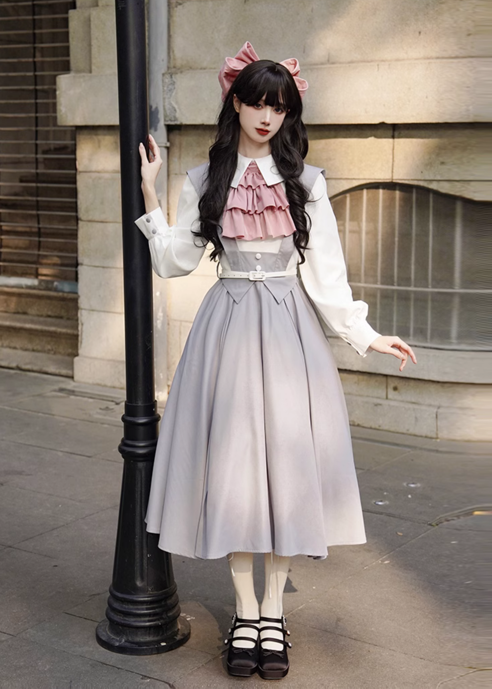 Pink Gray 学院風フェイクツーピースワンピース4点セット Pink Gray 学院風フェイクツーピースワンピース4点セット