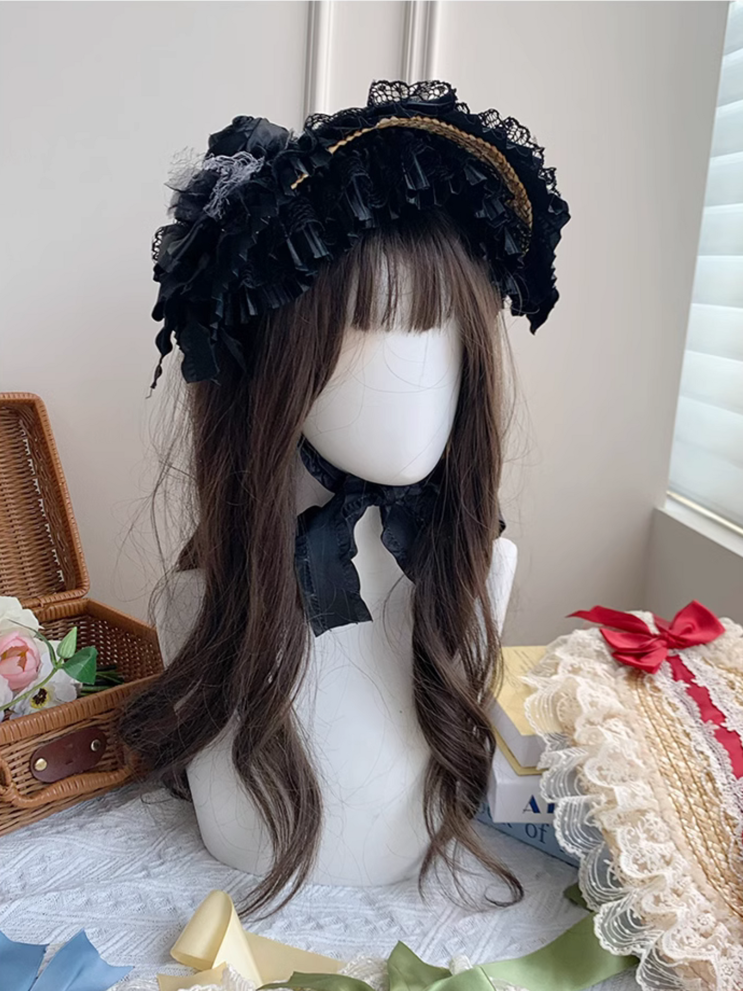 Straw hat bonnet with roses and ribbons