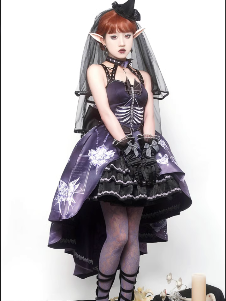 【予約販売】Bat Wings スケルトン柄ジャンパースカートと紫薔薇のクリノリン