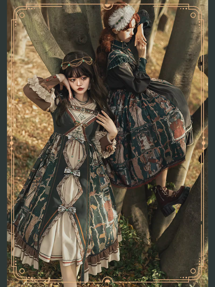 Tarot エジプト風クロスリボンのサスペンダースカートとブラウスのセットアップ