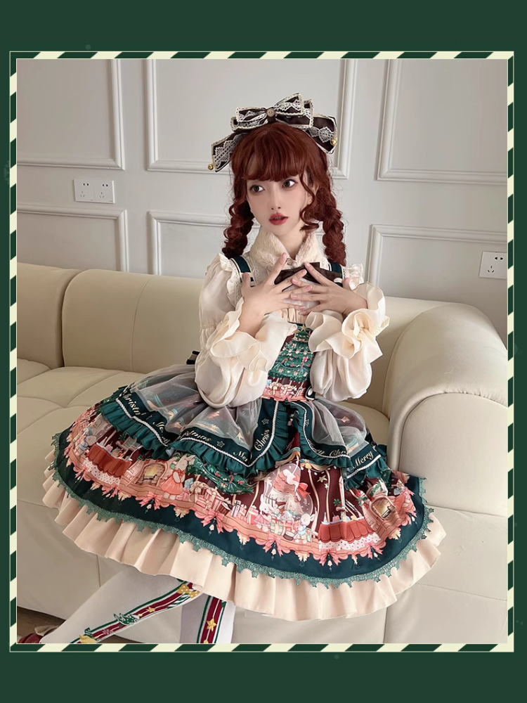 ネザーランドドワーフとクリスマスツリーのジャンパースカート ファーティペット付