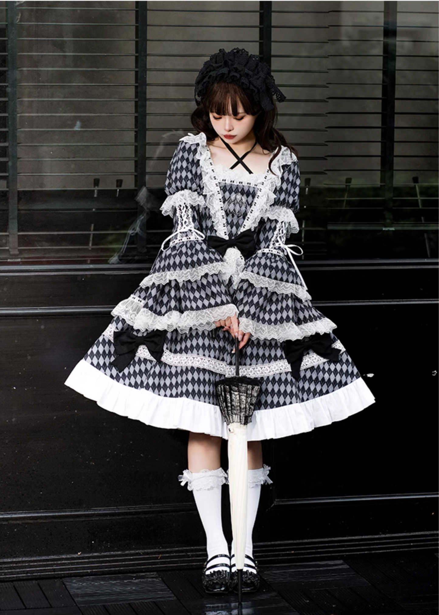 Diamond check pattern princess sleeve dress