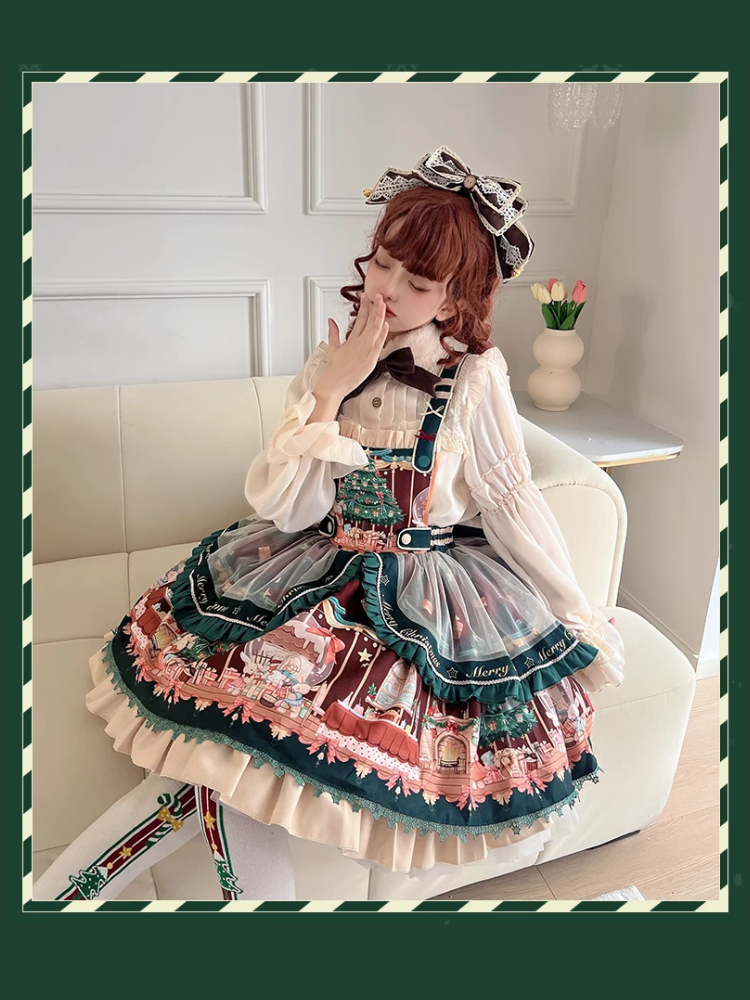 ネザーランドドワーフとクリスマスツリーのジャンパースカート ファーティペット付