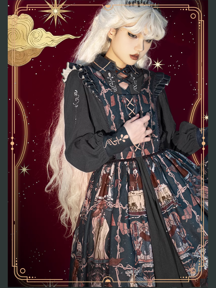 Tarot エジプト風クロスリボンのサスペンダースカートとブラウスのセットアップ