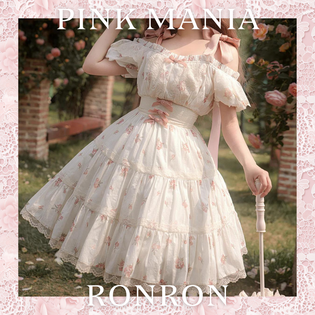 Blooming Rose ピンクリボンのオフショルダー半袖ワンピース Blooming Rose ピンクリボンのオフショルダー半袖ワンピース