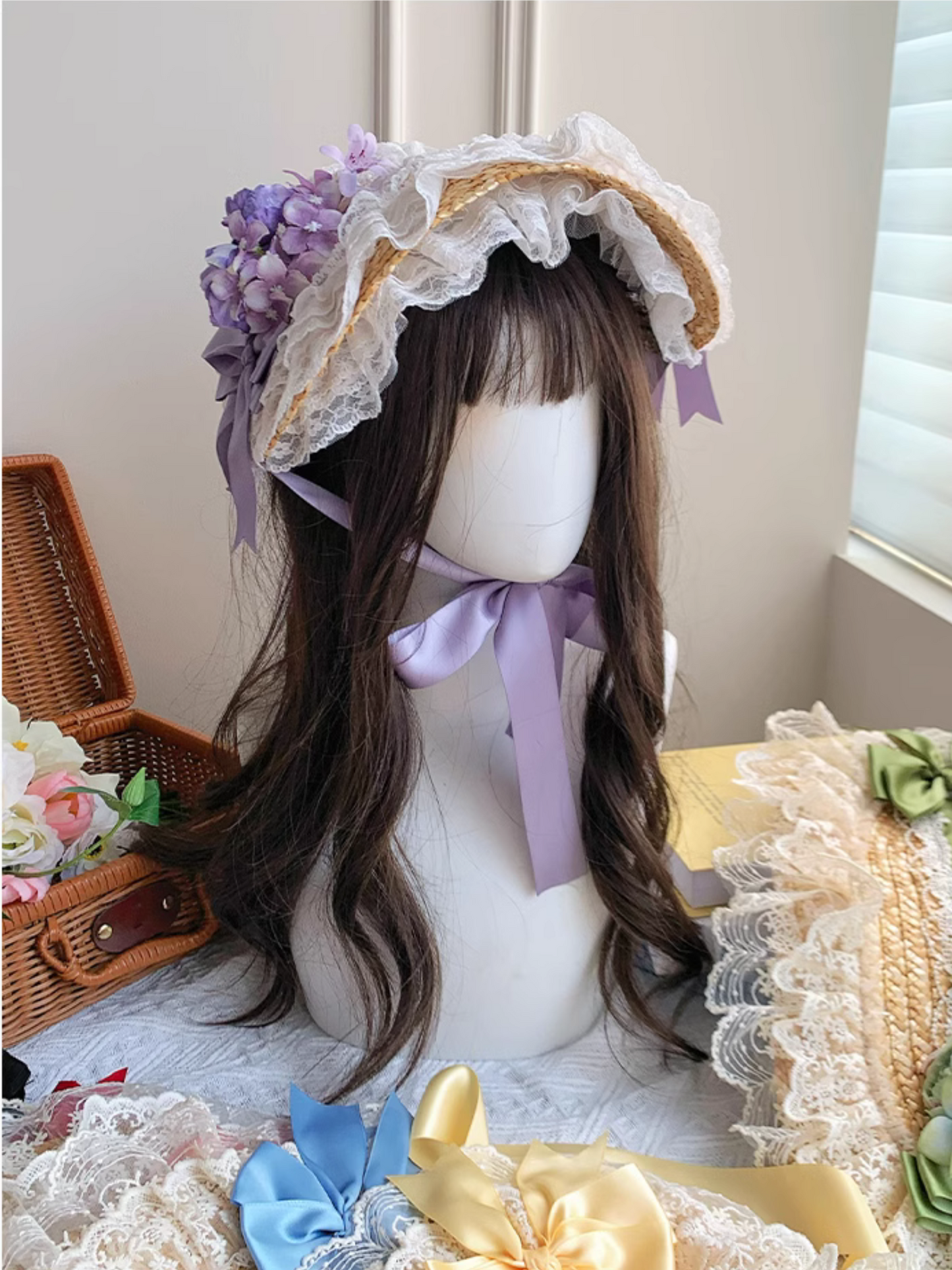 Straw hat bonnet with roses and ribbons