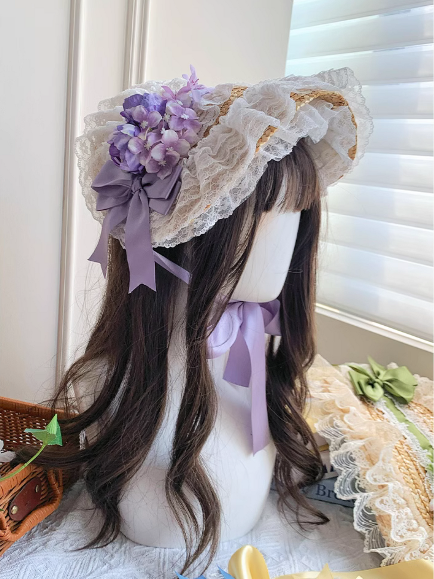 Straw hat bonnet with roses and ribbons