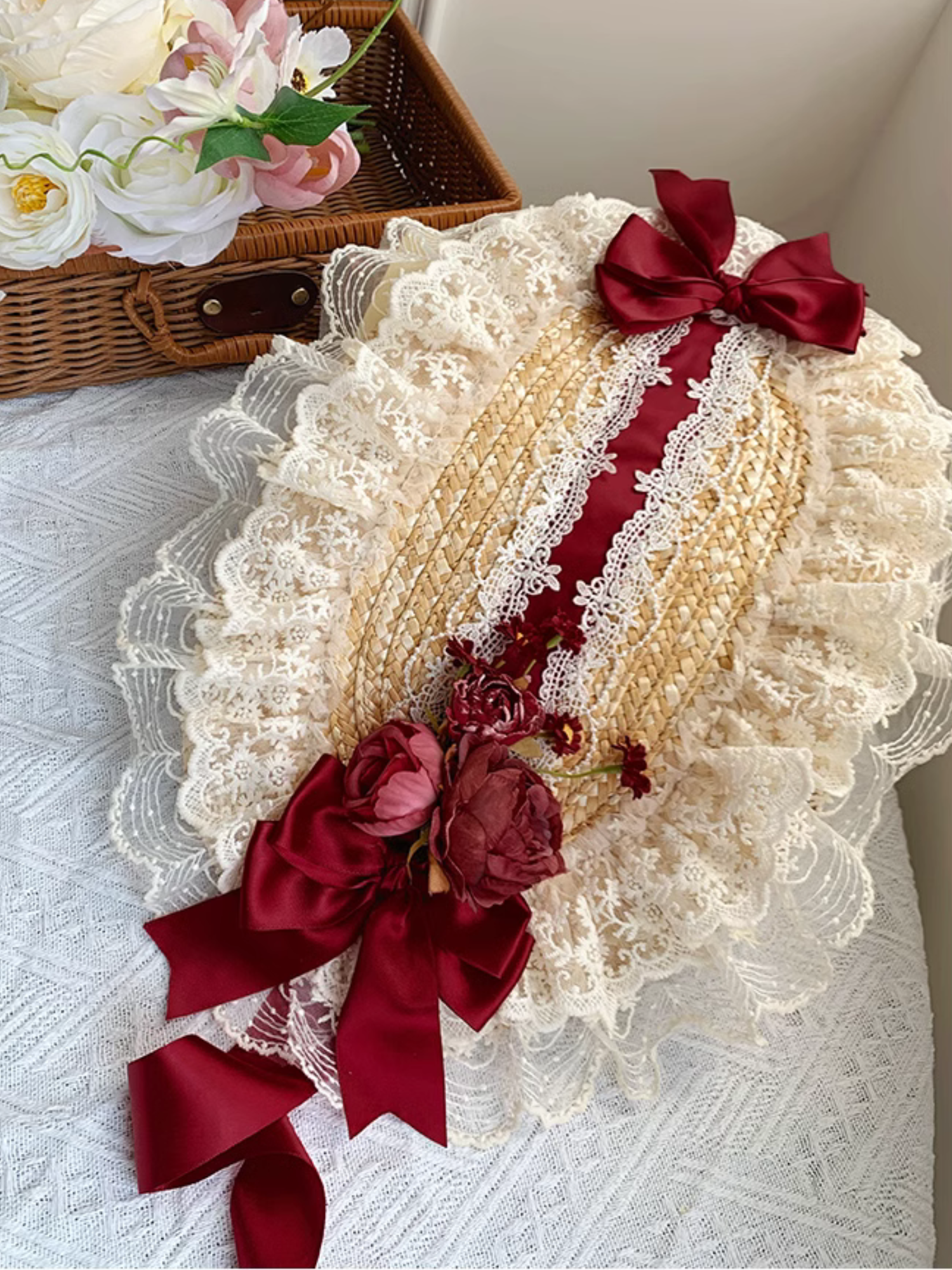 薔薇とリボンのストローハットボンネット – ロリータファッション通販