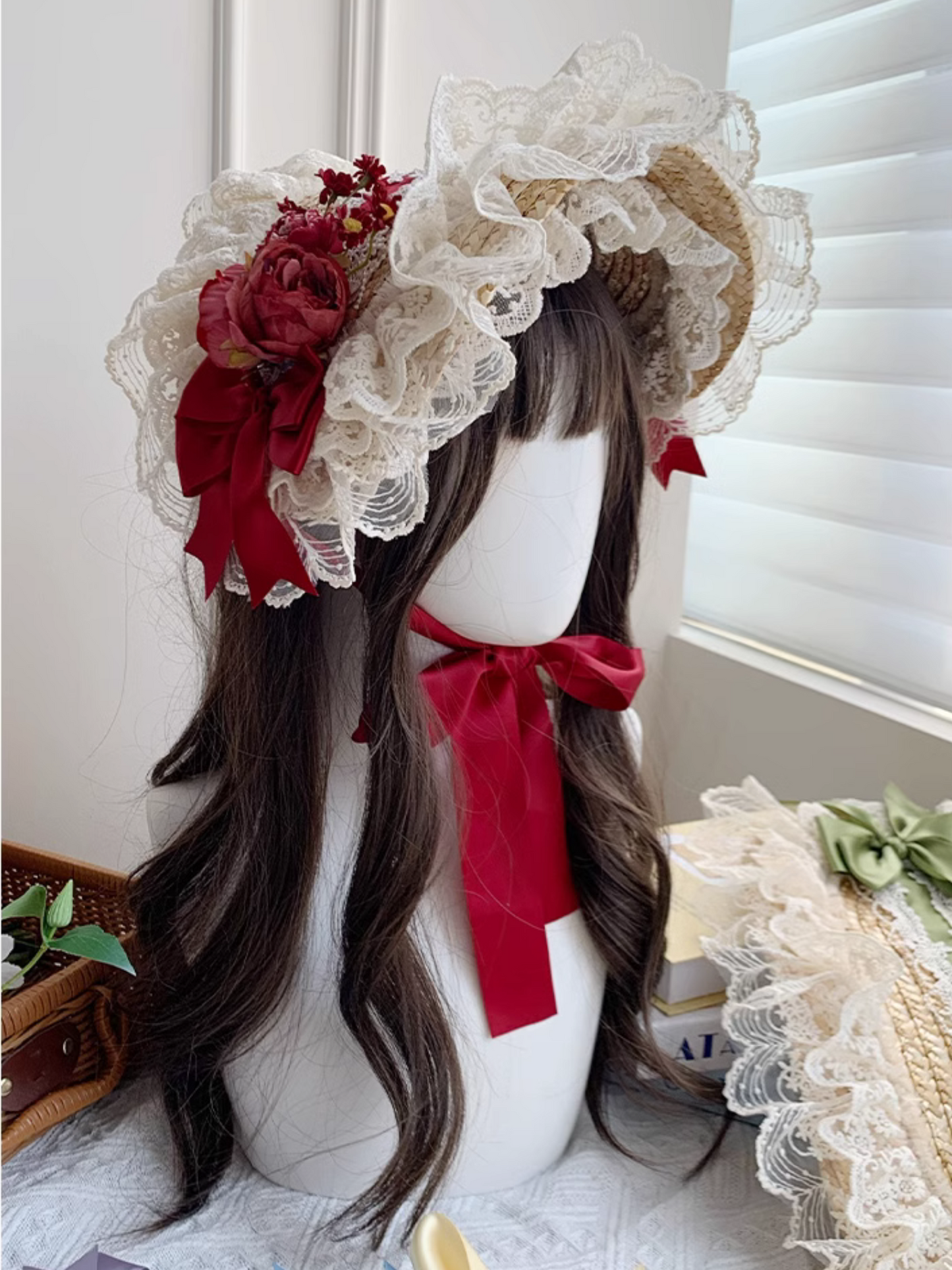 Straw hat bonnet with roses and ribbons