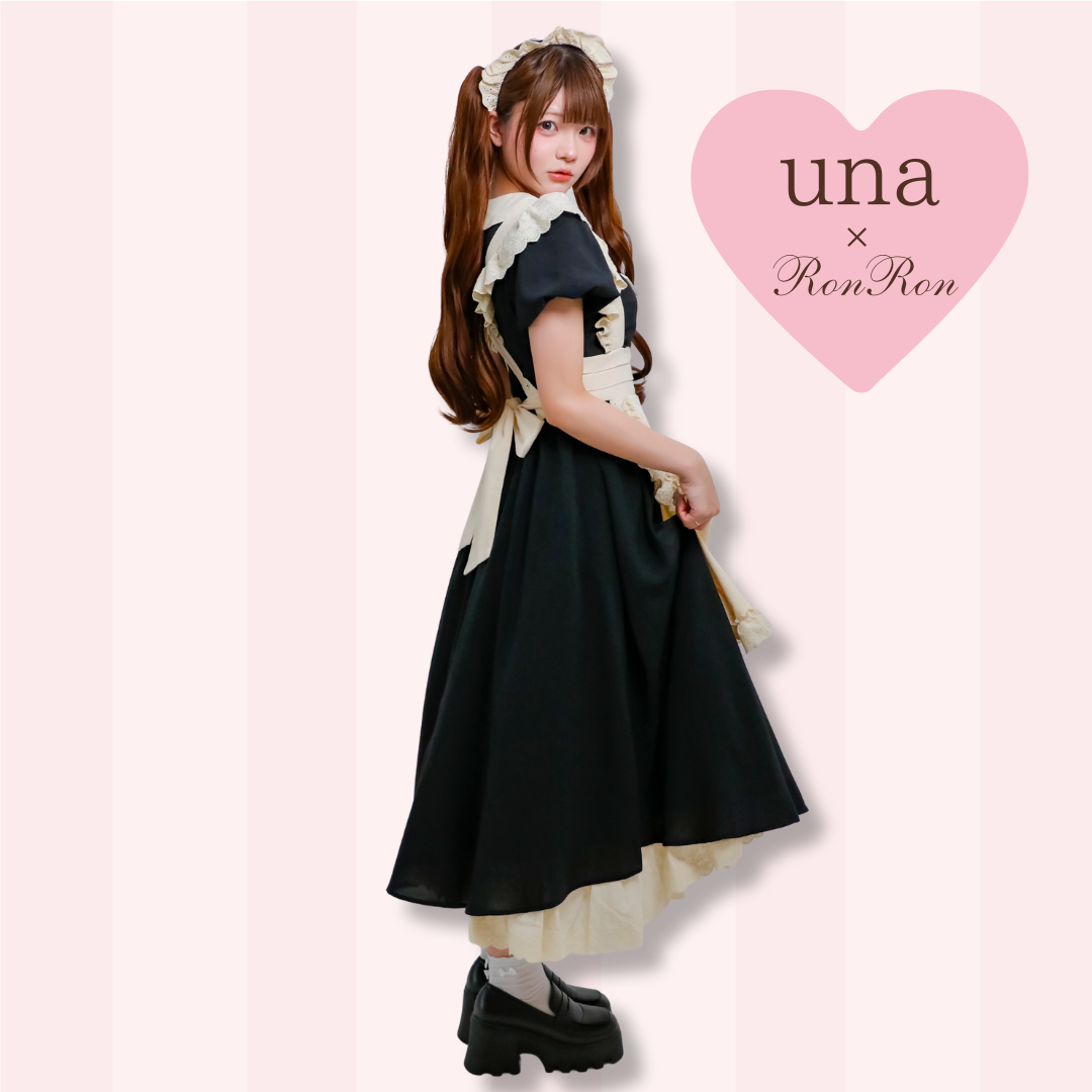 【unaちゃん着用】クラシカルエプロンのメイド風ワンピース ロング丈 アームスリーブ付き