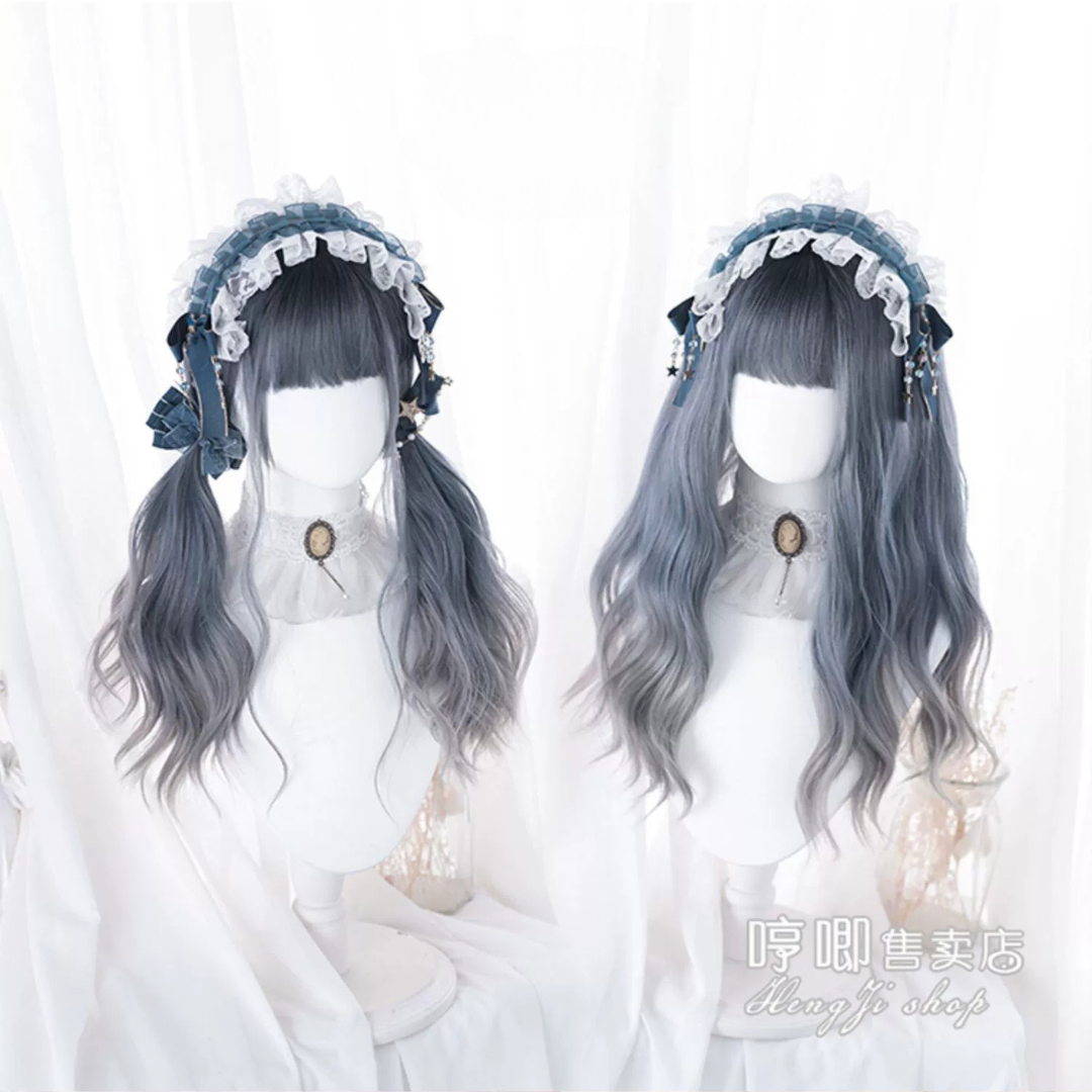 Lolita wig, blue-gray, fluffy, long curls